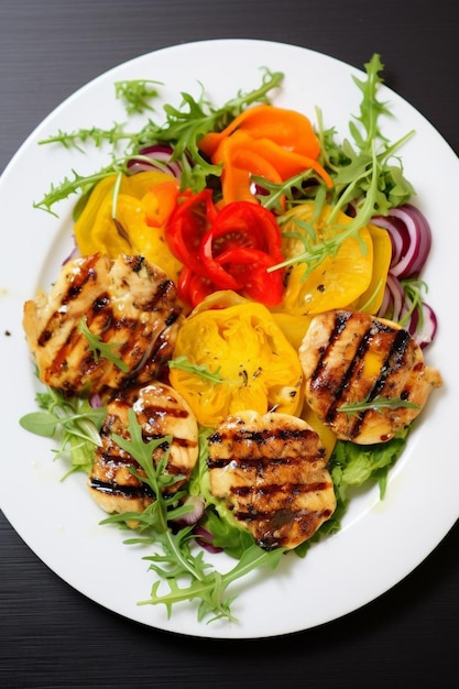 a white plate topped with grilled chicken and vegetables