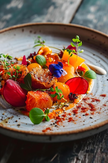 a white plate topped with lots of food on top of a wooden table