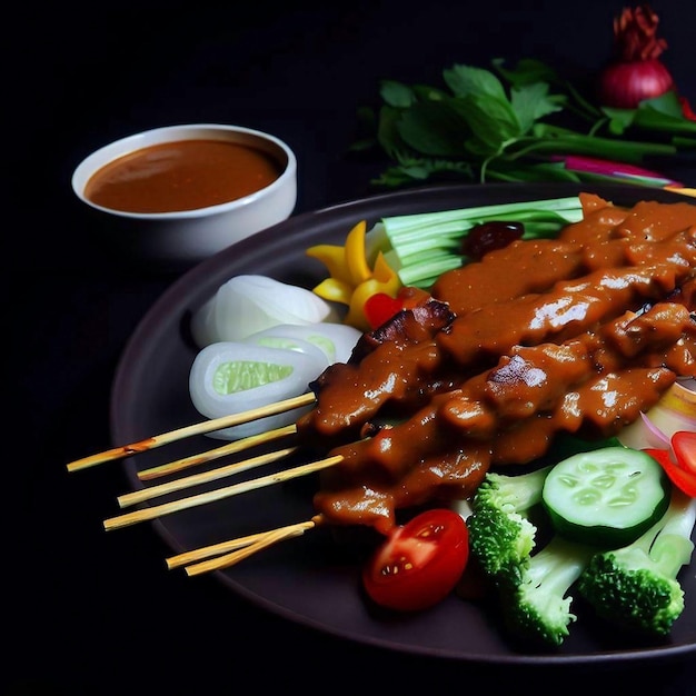 a white plate topped with meat satay and veggies