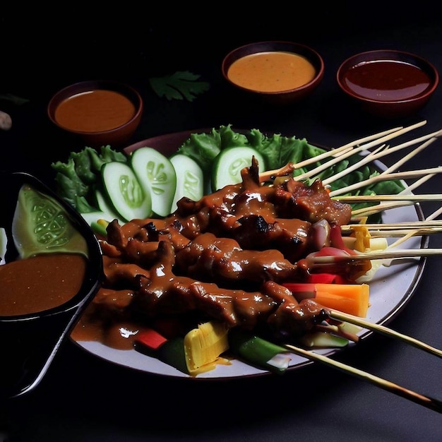 a white plate topped with meat satay and veggies