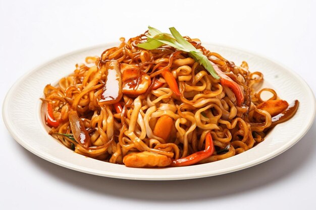 a white plate topped with noodles and vegetables