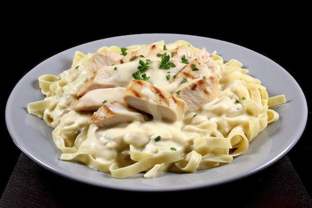 A white plate topped with pasta and chicken generative AI