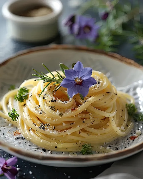 A white plate topped with pasta and a purple flower