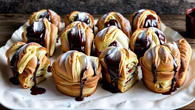 A White Plate Topped With Pastries Covered In Chocolate