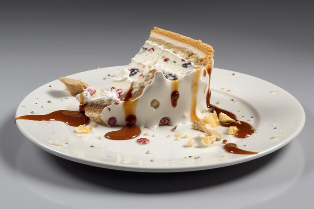 A white plate topped with a piece of cake generative ai image