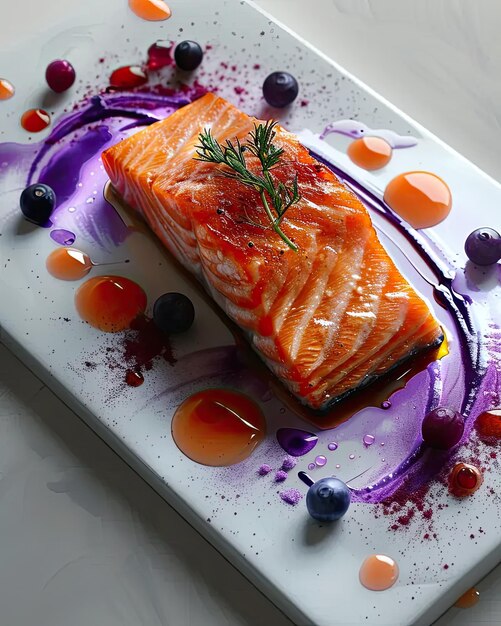 A white plate topped with a piece of salmon