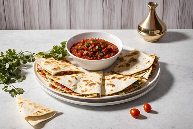 a white plate topped with quesadillas next to a bowl of salsa