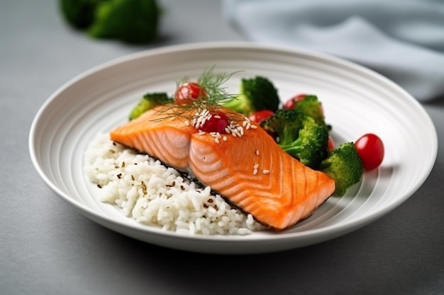 A white plate topped with rice broccoli and salmon generative ai image