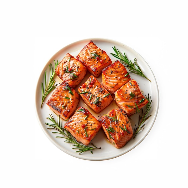 Photo white plate topped with salmon and herbs generative ai