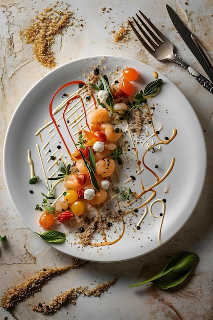 a white plate topped with shrimp and vegetables