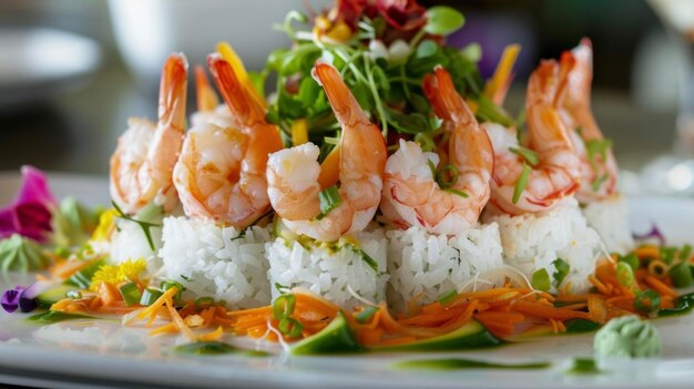 A white plate topped with succulent shrimp and fluffy rice ready to be enjoyed as a delicious meal