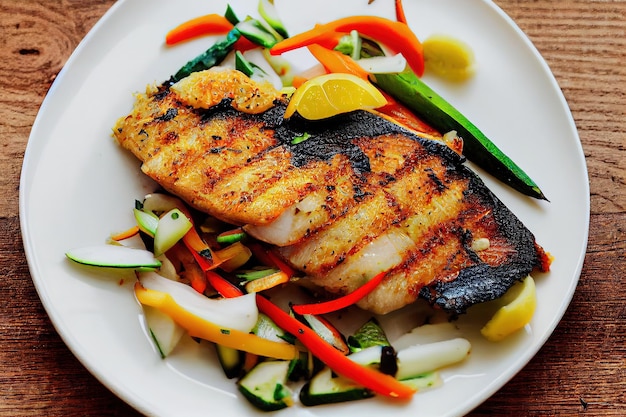 Foto piatto bianco con appetitoso pesce fritto alla griglia con verdure tritate luminose e succose su un tavolo di legno illustrazione 3d