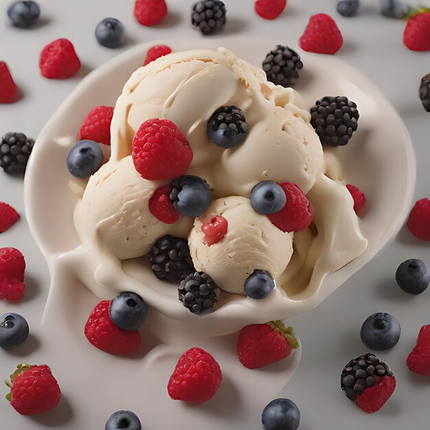 Photo a white plate with a bowl of ice cream and raspberries on it