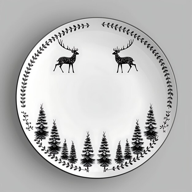 Photo a white plate with a deer on it and trees on the bottom