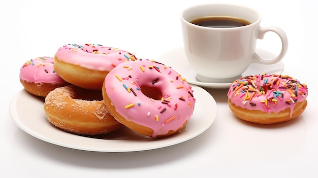 White Plate With Donuts and a Cup of Coffee On a White or Clear Surface PNG Transparent Background