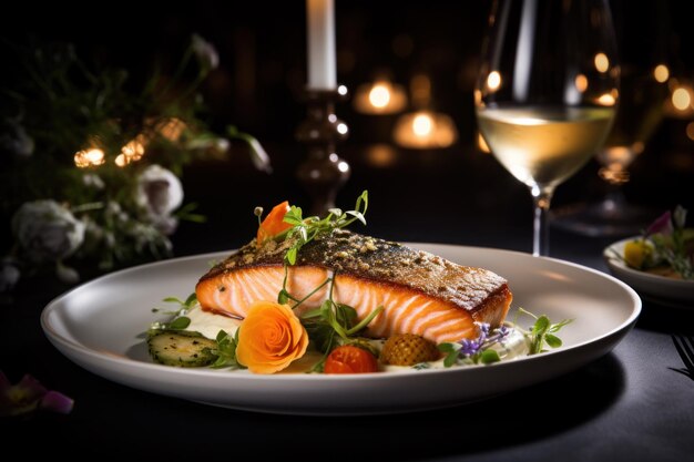 Foto piatto bianco con pesce e bicchiere di vino