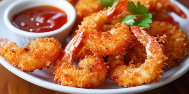 White plate with fried shrimp and bowl of ketchup