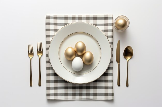 White Plate With Gold Eggs Next to Fork and Knife