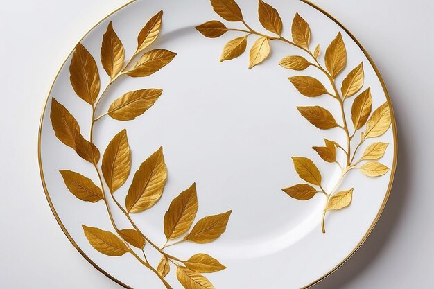 Photo a white plate with gold leaves and a white background