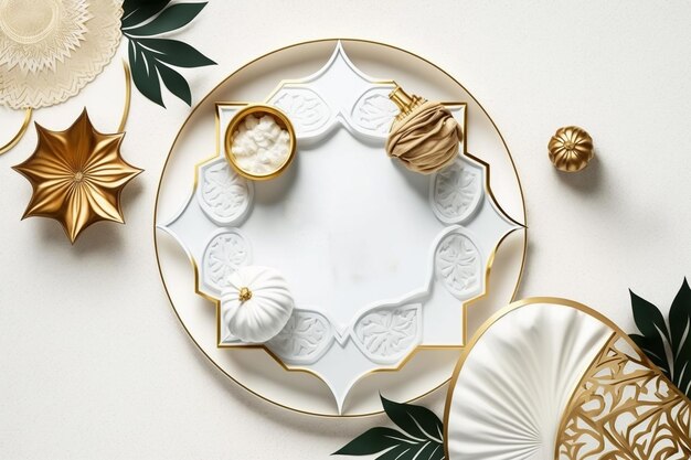 A white plate with gold ornaments and a gold rim sits on a white table.