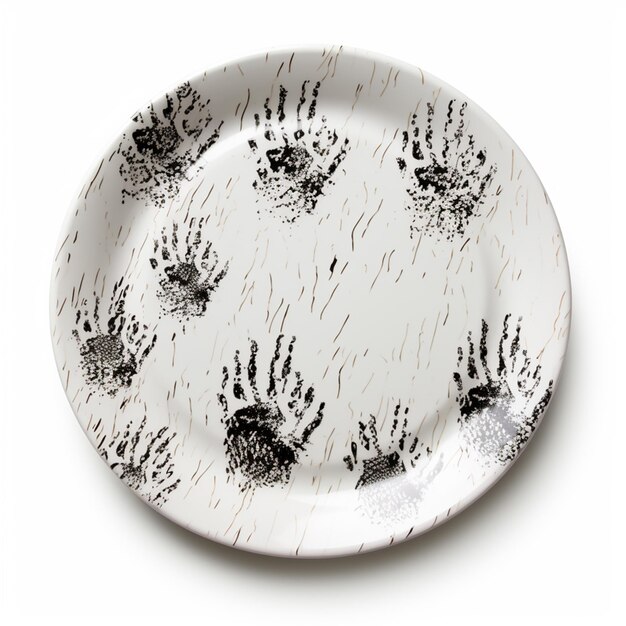 white plate with hand prints on white background