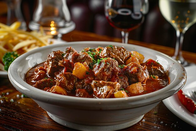 Foto piatto bianco con goulash ungherese e verdure