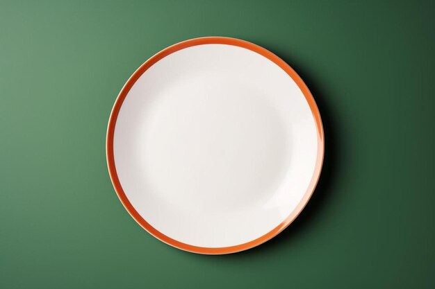 a white plate with a orange border is on a green background