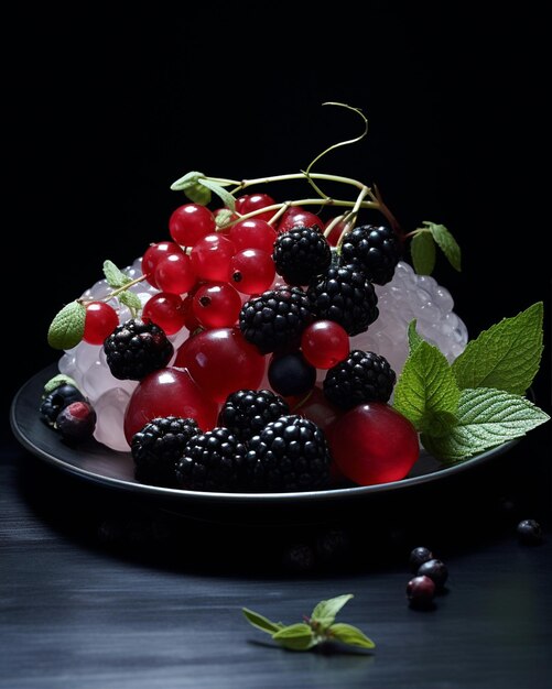 White Plate with Red Black and Green Berries