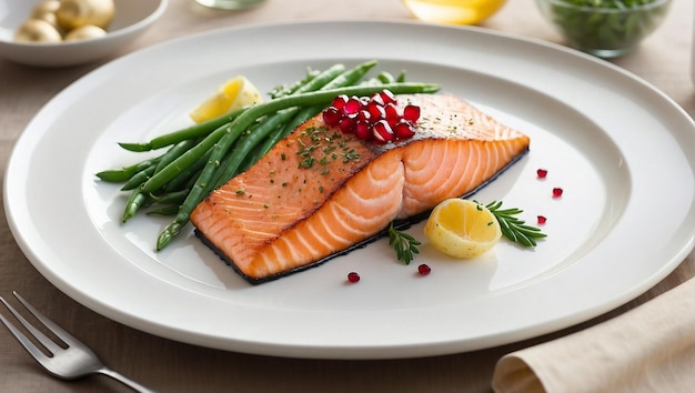 White Plate With Salmon and Green Beans