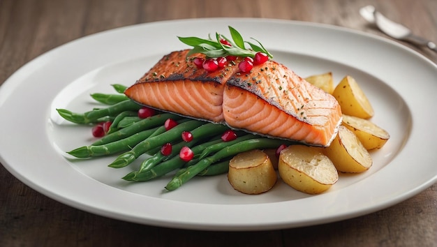 White Plate With Salmon and Green Beans