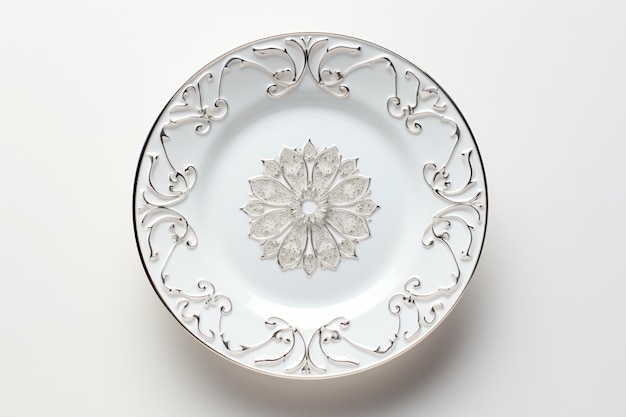 Foto un piatto bianco con sopra un fiore d'argento