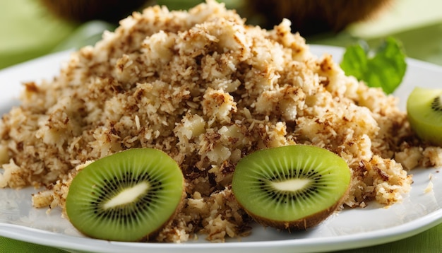 A white plate with sliced kiwi and a crumbly food on it