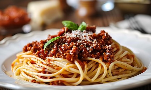 a white plate with spaghetti and meat sauce