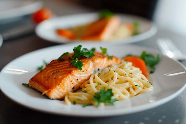 White Plate with Two Plates of Salmon and Pasta