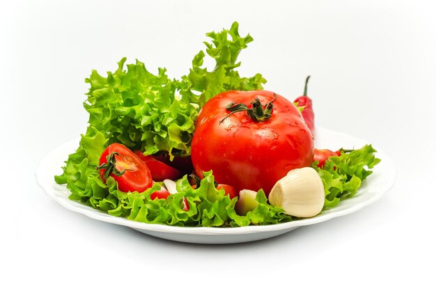 写真 白い背景に野菜が隔離された白い皿 フロントビュー トマト・ペッパー・サラダ・ガーリック