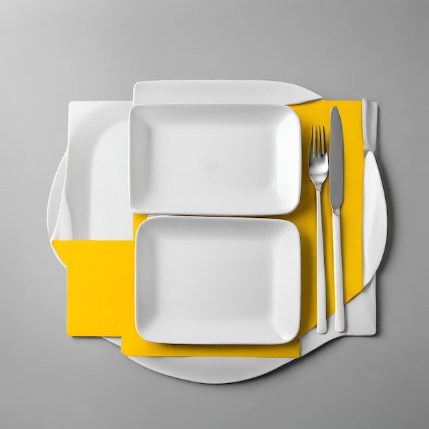 A white plate yellow background with a knife and fork set on it ready for a meal