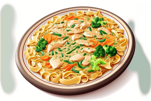 On a white platter are noodles with chicken and vegetables