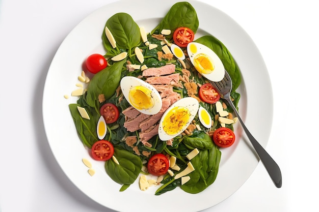 On a white platter tuna salad with a boiled egg and spinach healthful meal for the keto diet a bowl of fresh salad Dinner a top view