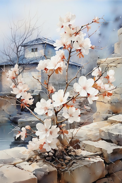 white plum blossoms growing in the corner of the wall AI generative