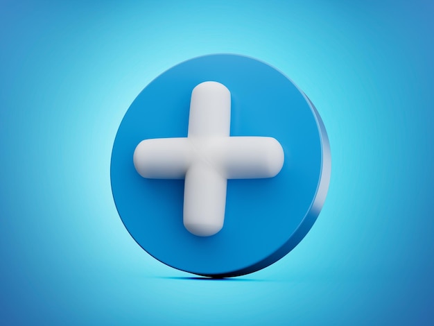 White plus icon on blue circle 3d illustration