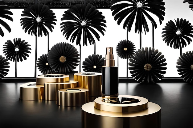 Foto podio bianco tra fiori neri per prodotti profumati e fiori e polvere d'oro con un'ombra su