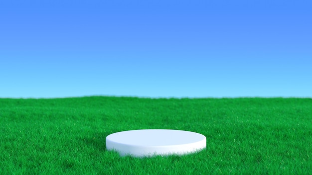 Photo white podium among green fresh grass podium for demonstrating products on a natural stand