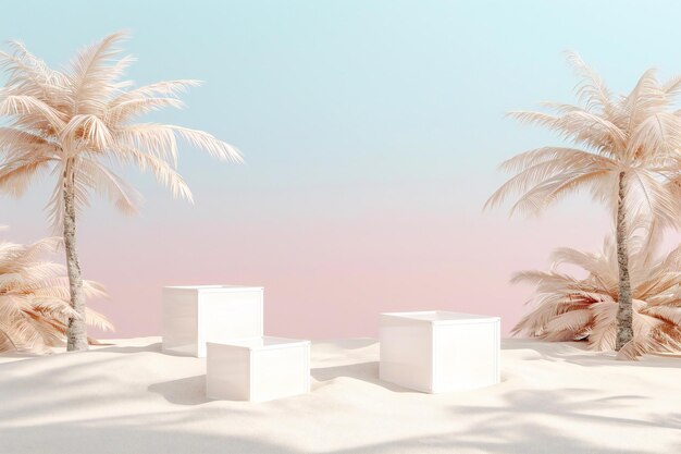 Photo white podium on the beach with palm trees