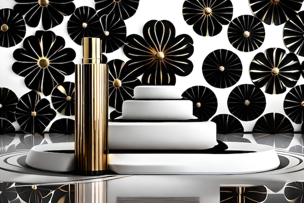 white podium among black flowers for purfume products and flowers and dust of gold with a shadow on