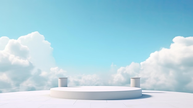 White podium on blue sky background with clouds