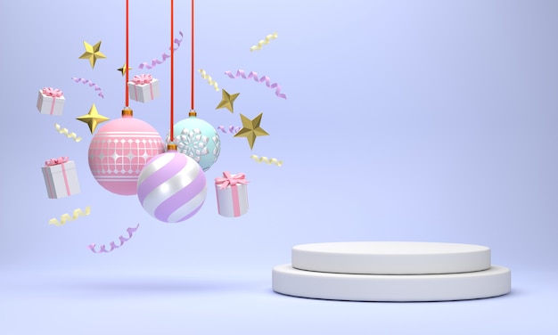 white podium Christmas balls gift boxes ribbons Christmas decorations in the red background