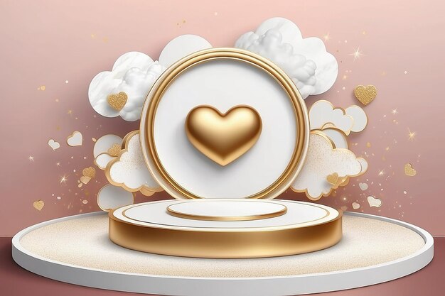 Foto display di podio bianco di prodotto e nuvola a forma di cuore con linee di cerchio dorato luccicante elemento di illustrazione vettoriale di sfondo in stile lusso 3d realistico per la promozione delle vendite e del marketing