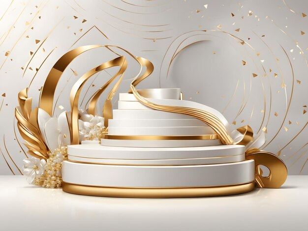 White podium display product and sparkle golden curve line element Realistic 3d luxury style backgr