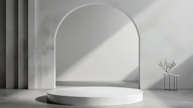 White podium in front of an arched wall There is a plant on a table to the right of the podium The floor is made of marble