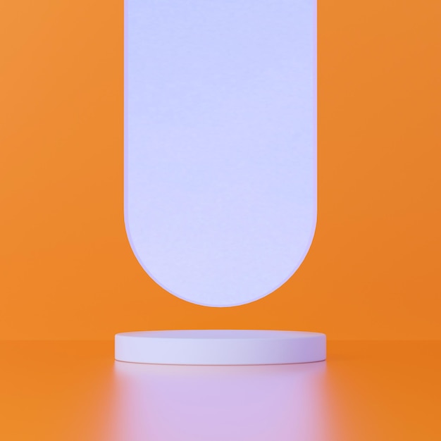 White podium in an orange room with a beautiful window to the blue sky background for demonstration